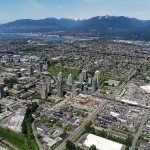 An aerial perspective of the Brentwood neighbourhood in Burnaby, BC